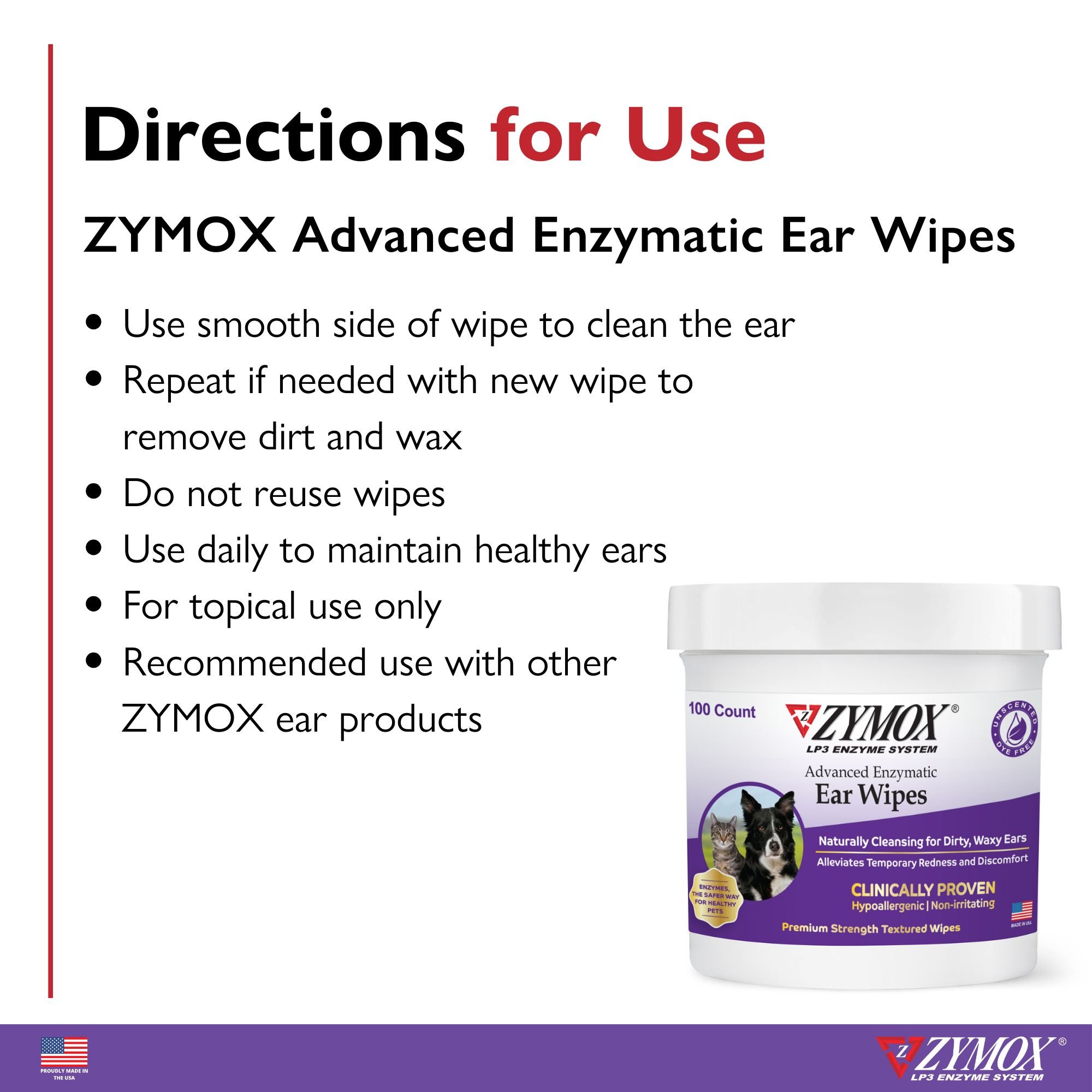 Zymox Advanced Enzymatic Dog & Cat Ear Wipes, 7.05-fl oz bottle, 100 count - image 4