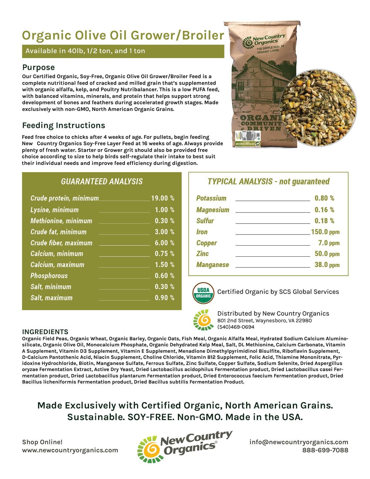 New Country Organics Organic Olive Oil Grower Broiler Chicken Feed, 40-lb bag