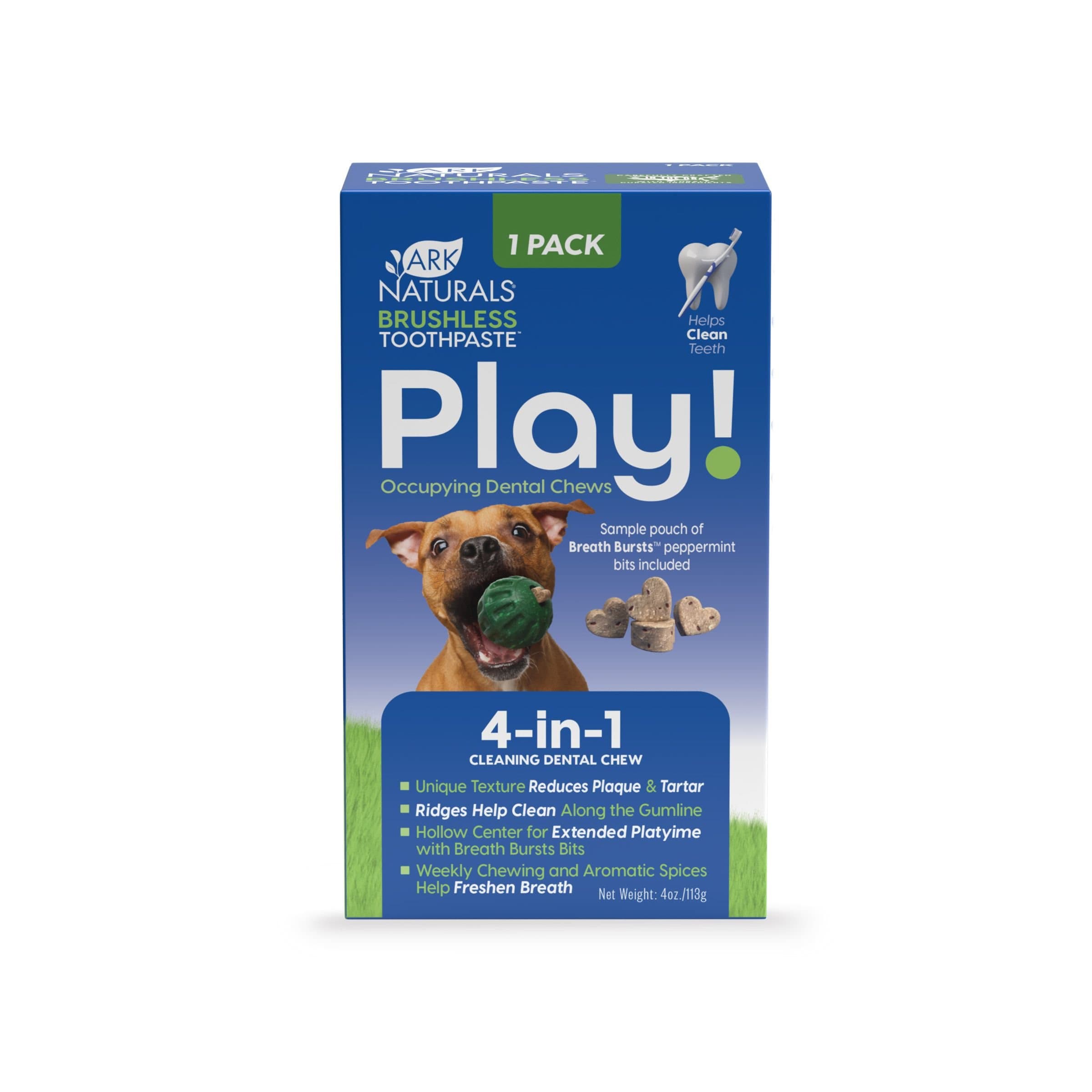 Ark Naturals Brushless Toothpaste Play! Mint Adult Dental Dog Treats, 4-oz box, 1 count