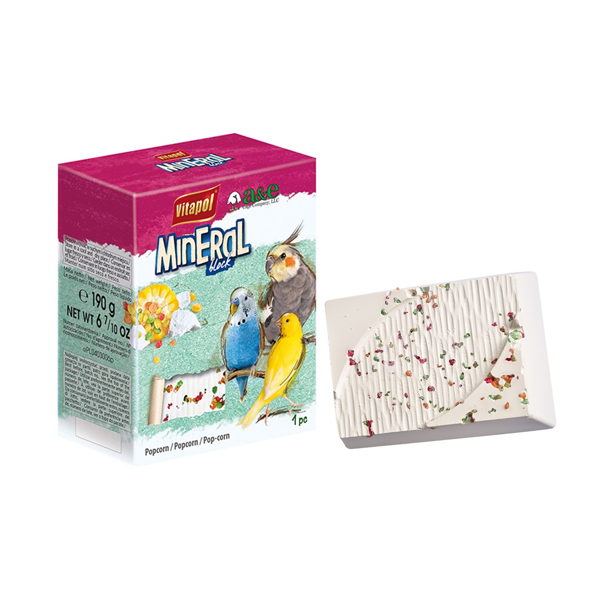 Vitapol by A&E Cage Company Infused Mineral Block Popcorn Powder Cockatiel & Parakeet Treats, White, 6.7-oz box