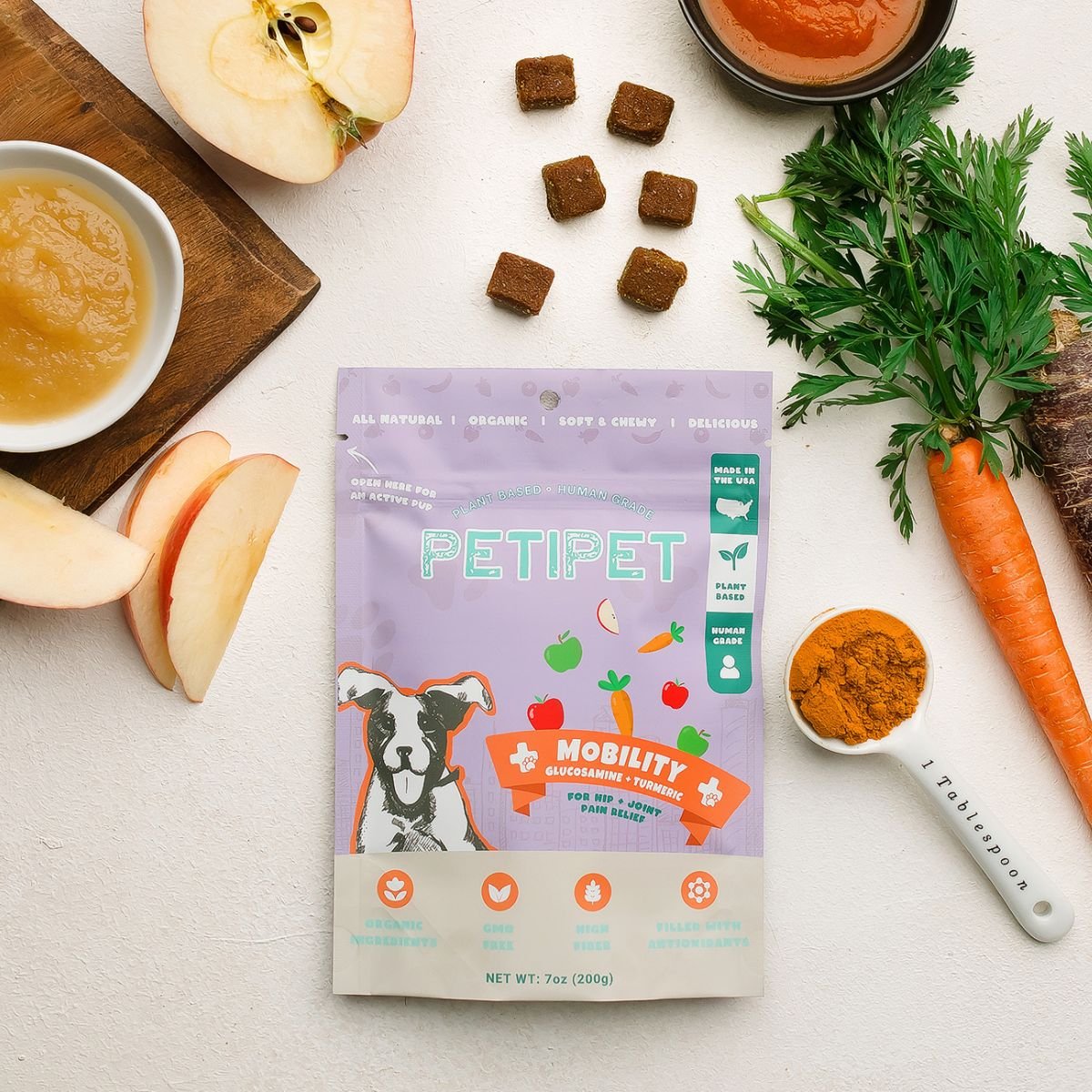 PETIPET Mobility Bites with Glucosamine + Turmeric Apple & Carrot Flavored Soft Chew Hip & Joint Supplement for Dogs, 7-oz bag