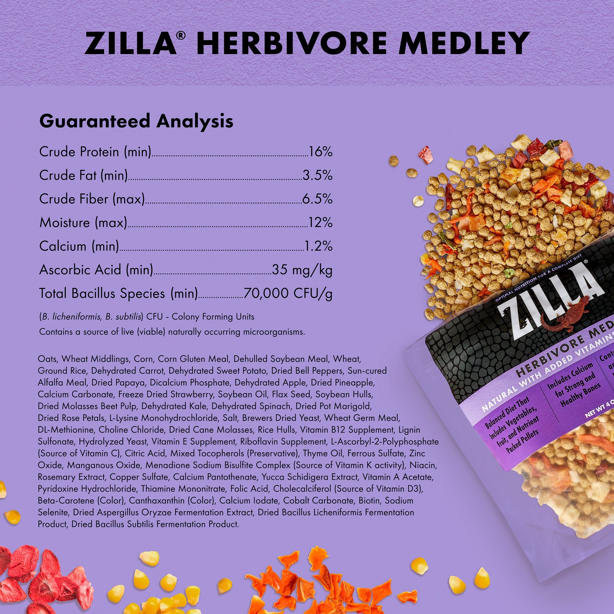 Zilla Herbivore Medley Diet Bearded Dragon Lizard & Tortoise Food, 4-oz bag