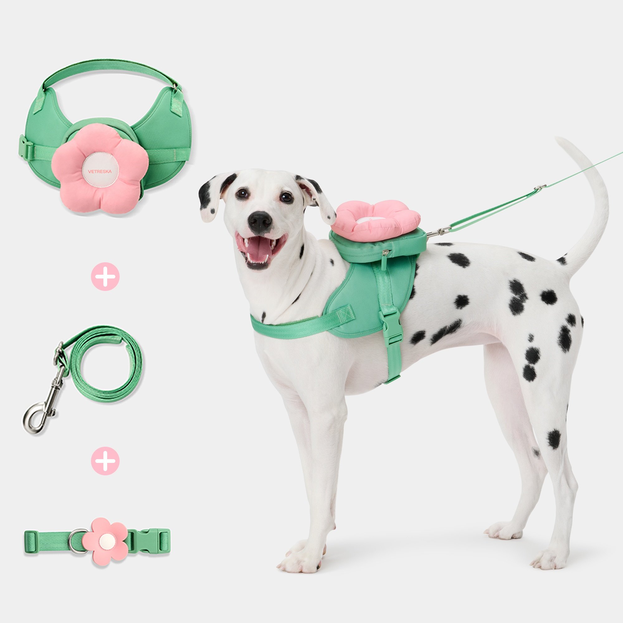 VETRESKA 3-in-1 Flora Dog Backpack & Harness Set, Pink/Green, X-Small: 16 to 21-in chest