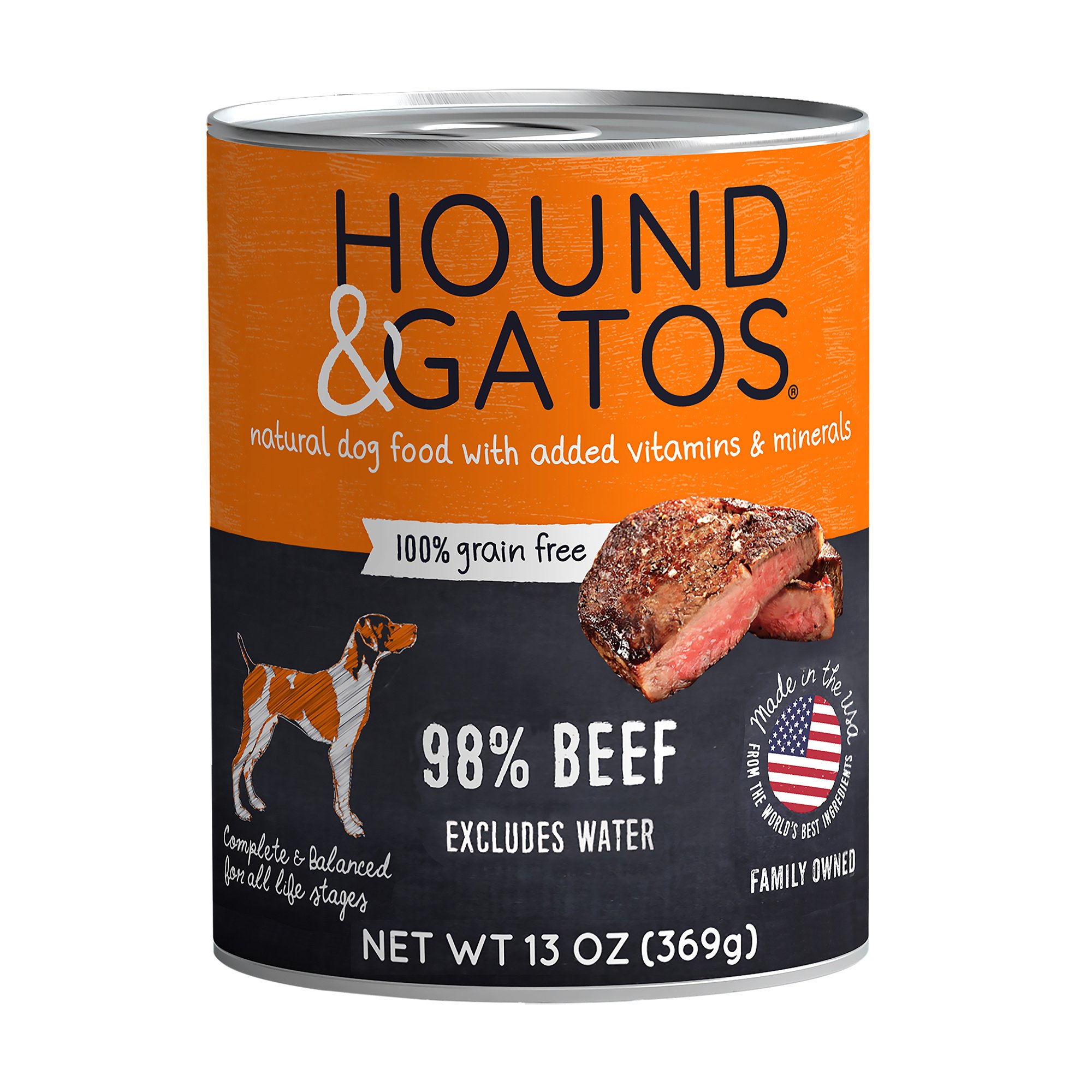 Hound & Gatos 98% Beef Grain-Free Canned Dog Food, 13-oz, case of 12