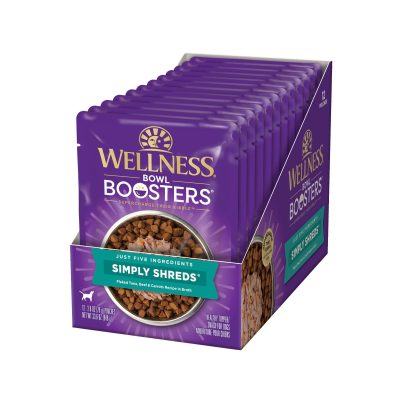 Wellness Bowl Boosters Simply Shreds Tuna, Beef & Carrots Natural Grain-Free Wet Dog Food Mixer or Topper, 2.8-oz pouch, case of 12
