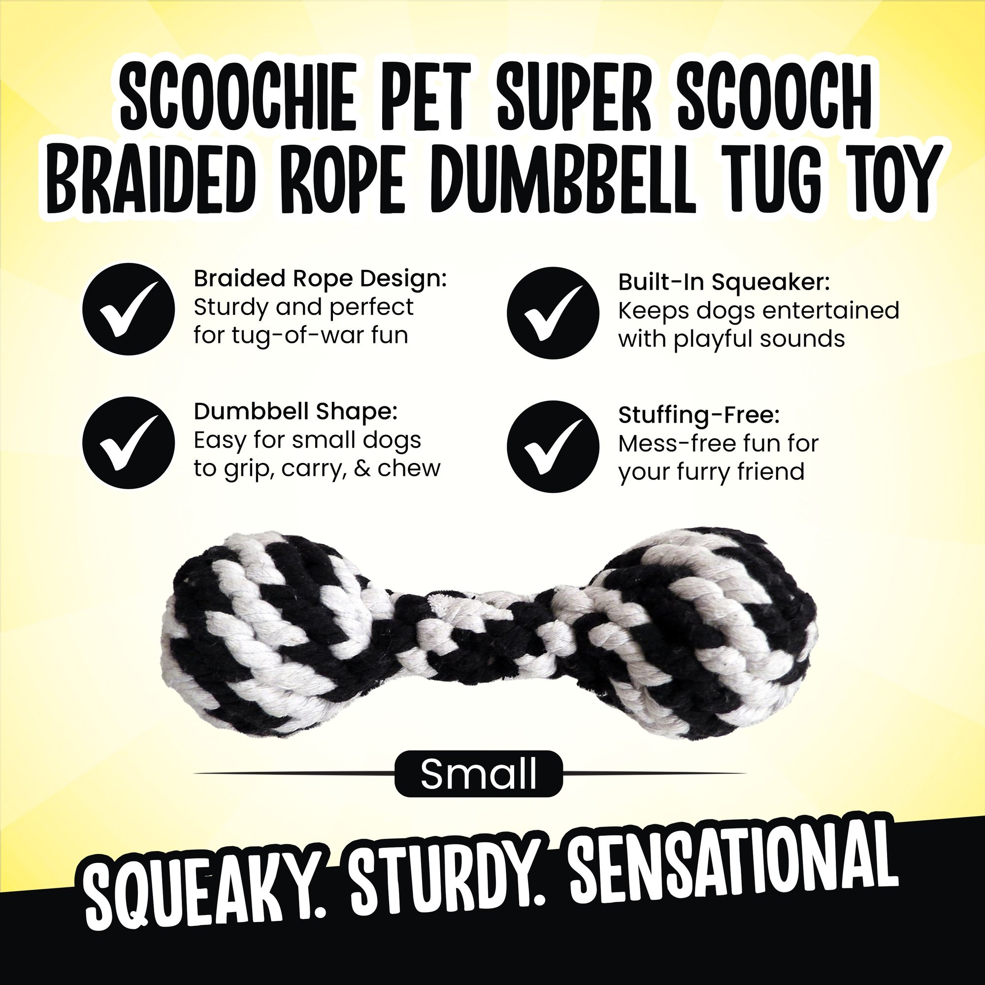 Scoochie Pet Super Scooch Braided Rope Dumbbell Squeaky Dog Tug Toy, Small