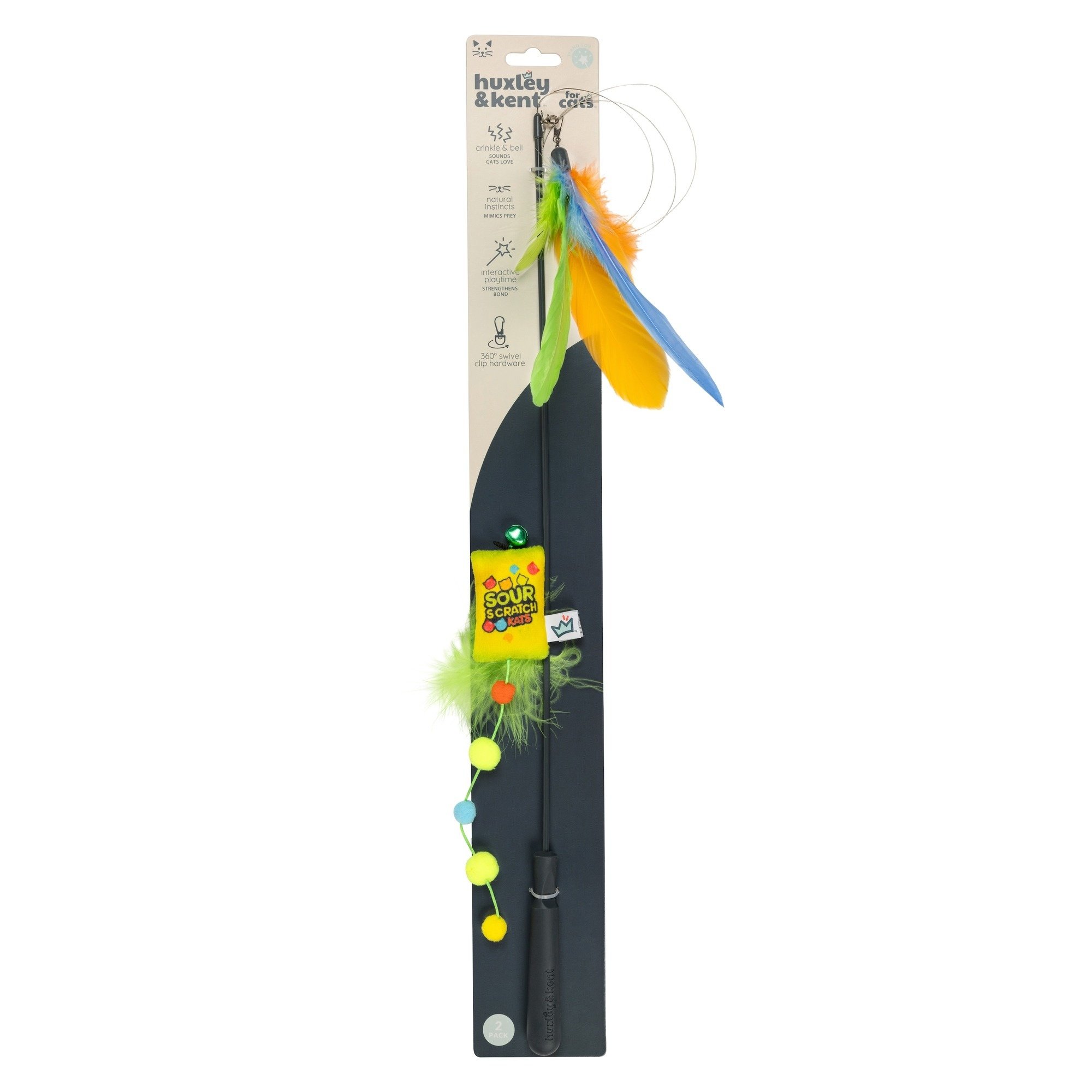 Huxley & Kent Cat Wand Teaser Sour Scratch Cat Toy, Green/Blue/Yellow