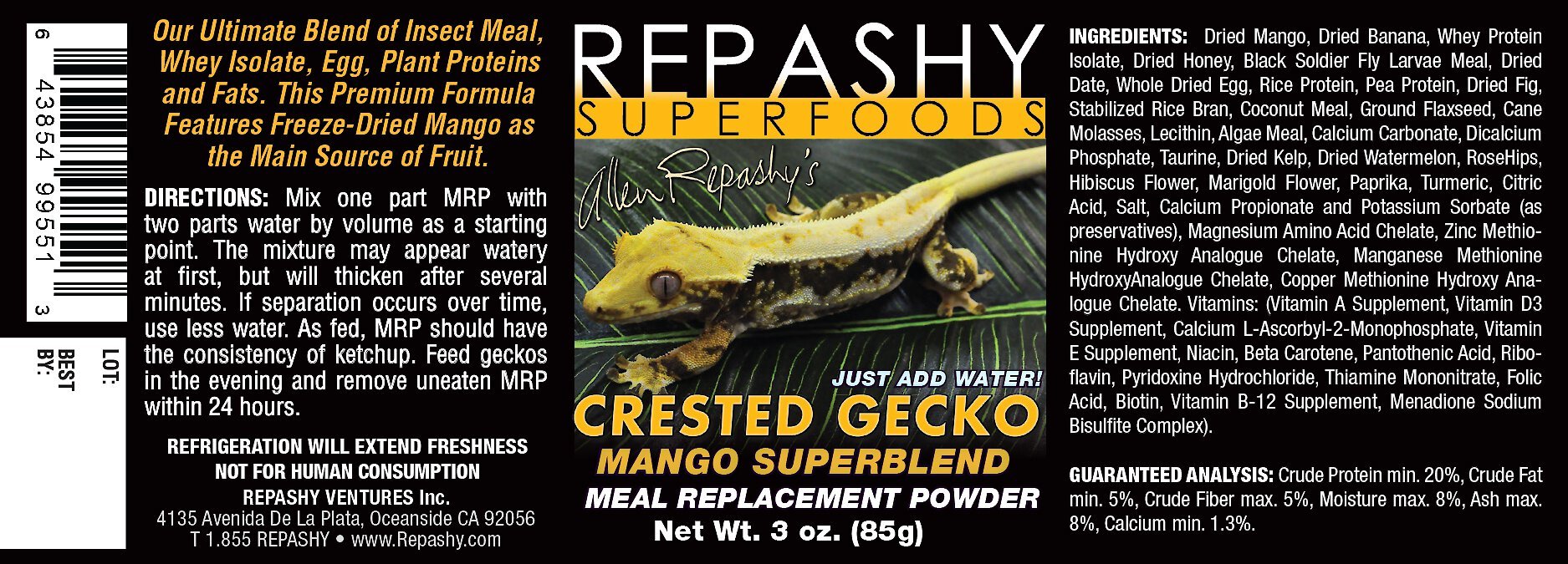 Repashy Superfoods Crested Gecko Mango Superblend Meal Replacement Powder Reptile Food, 3-oz bottle