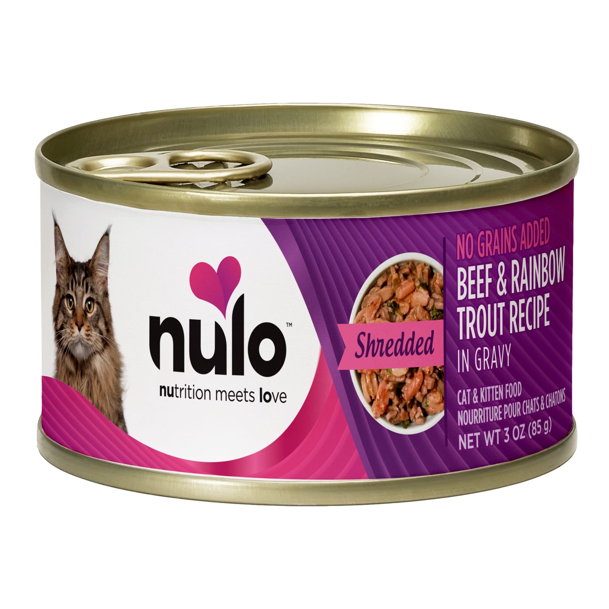 Nulo Shredded Beef & Rainbow Trout in Gravy Grain-Free Canned Cat & Kitten Food, 3-oz, case of 24