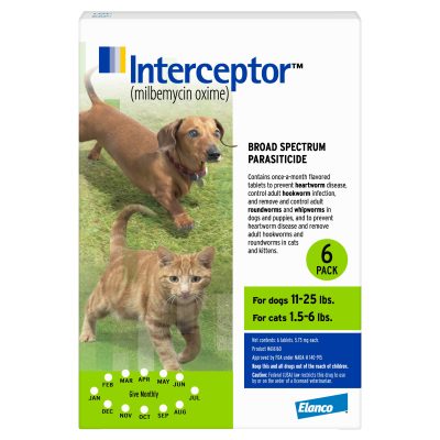 Interceptor Flavored Tablet for Dogs, 11-25 lbs, & Cats, 1.5-6 lbs, (Green Box), 6 Flavored Tablets (6-mos. supply)