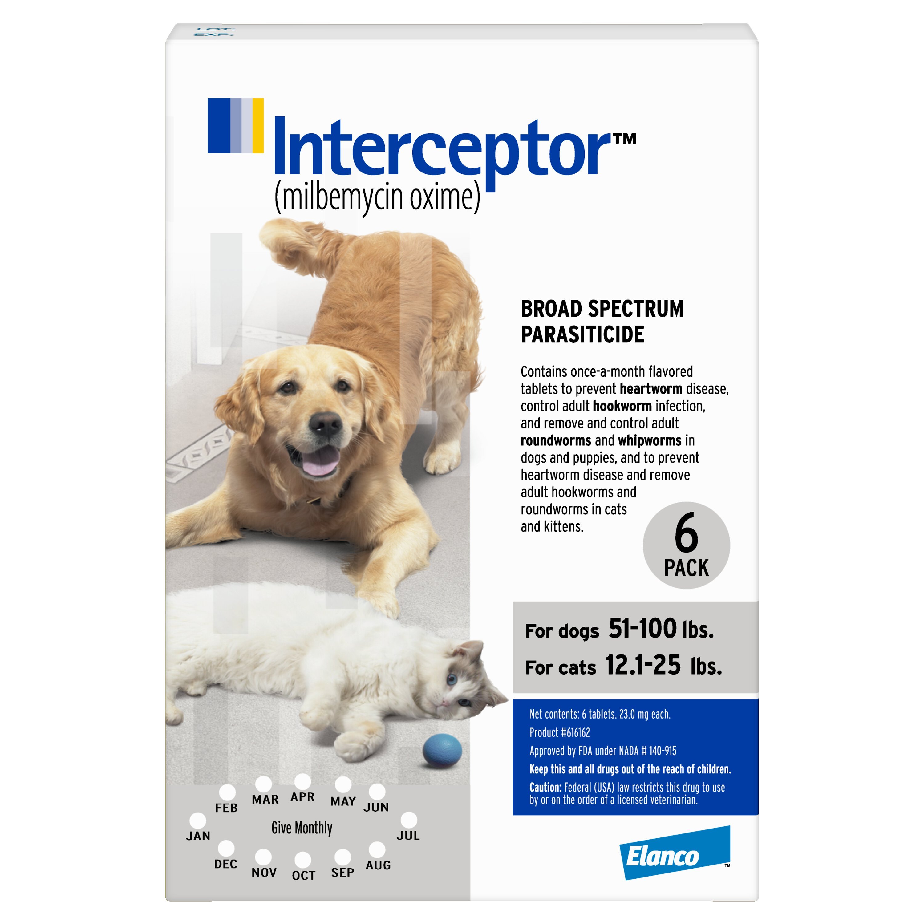 Interceptor Flavored Tablet for Dogs, 51-100 lbs, & Cats, 12.1-25 lbs, (White Box), 6 Flavored Tablets (6-mos. supply)