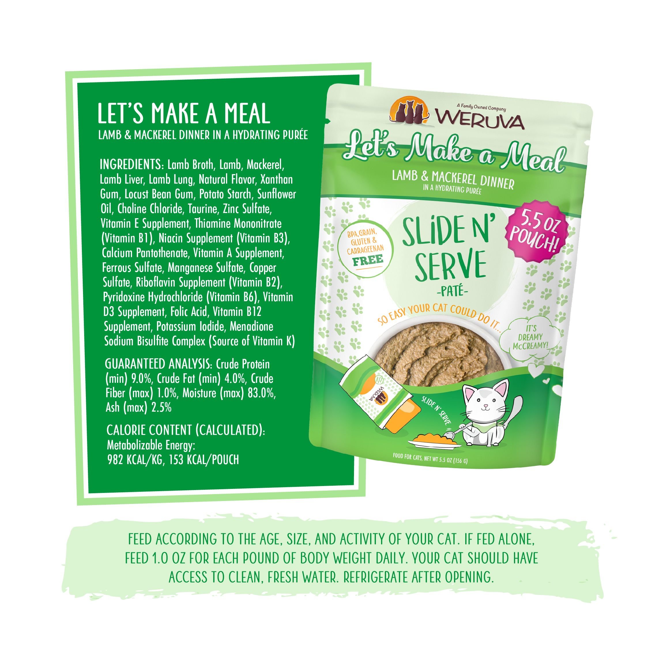 Weruva Slide N' Serve Let's Make a Meal Lamb & Mackerel Dinner Pate Grain-Free Cat Food Pouches, 5.5-oz pouch, case of 12