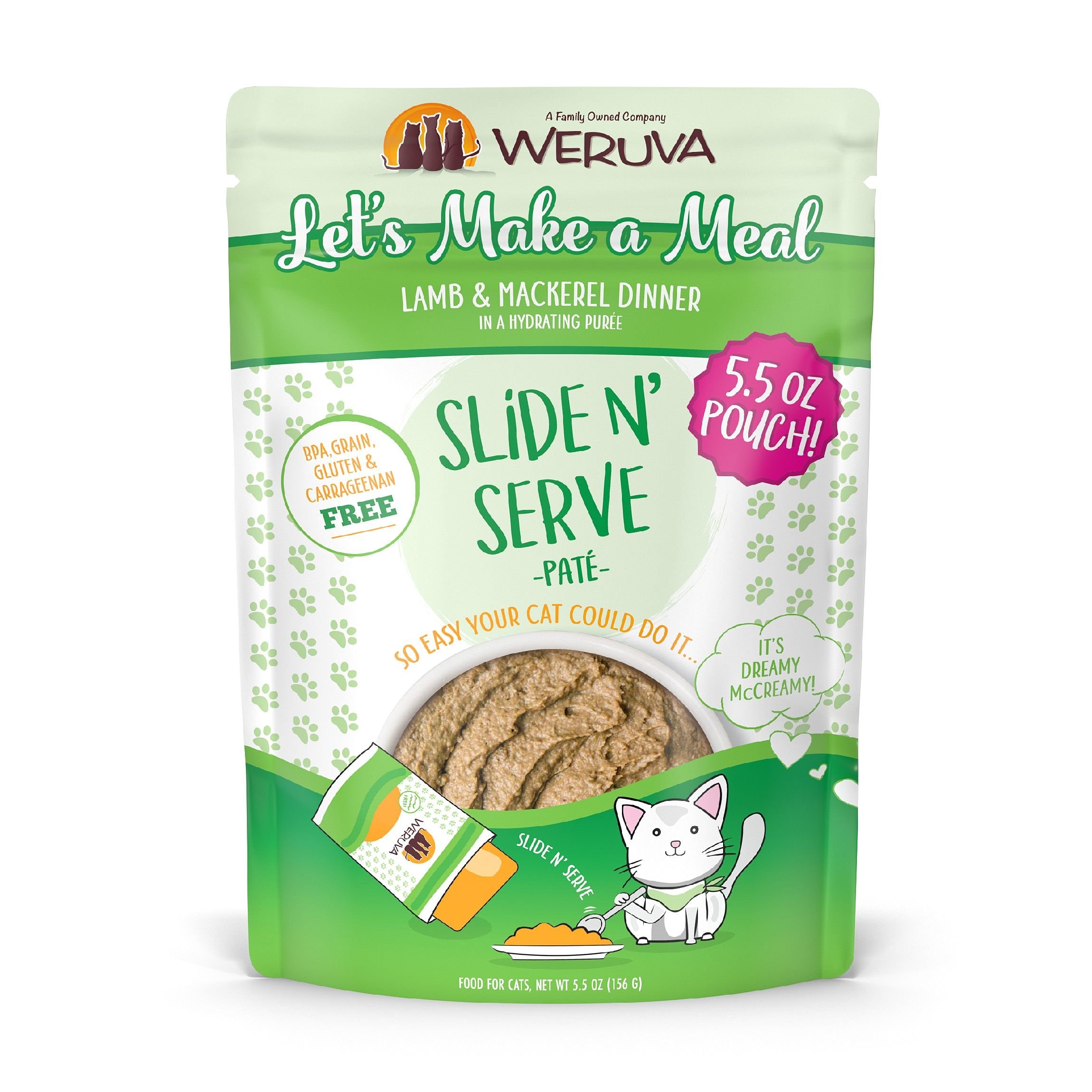 Weruva Slide N' Serve Let's Make a Meal Lamb & Mackerel Dinner Pate Grain-Free Cat Food Pouches, 5.5-oz pouch, case of 12