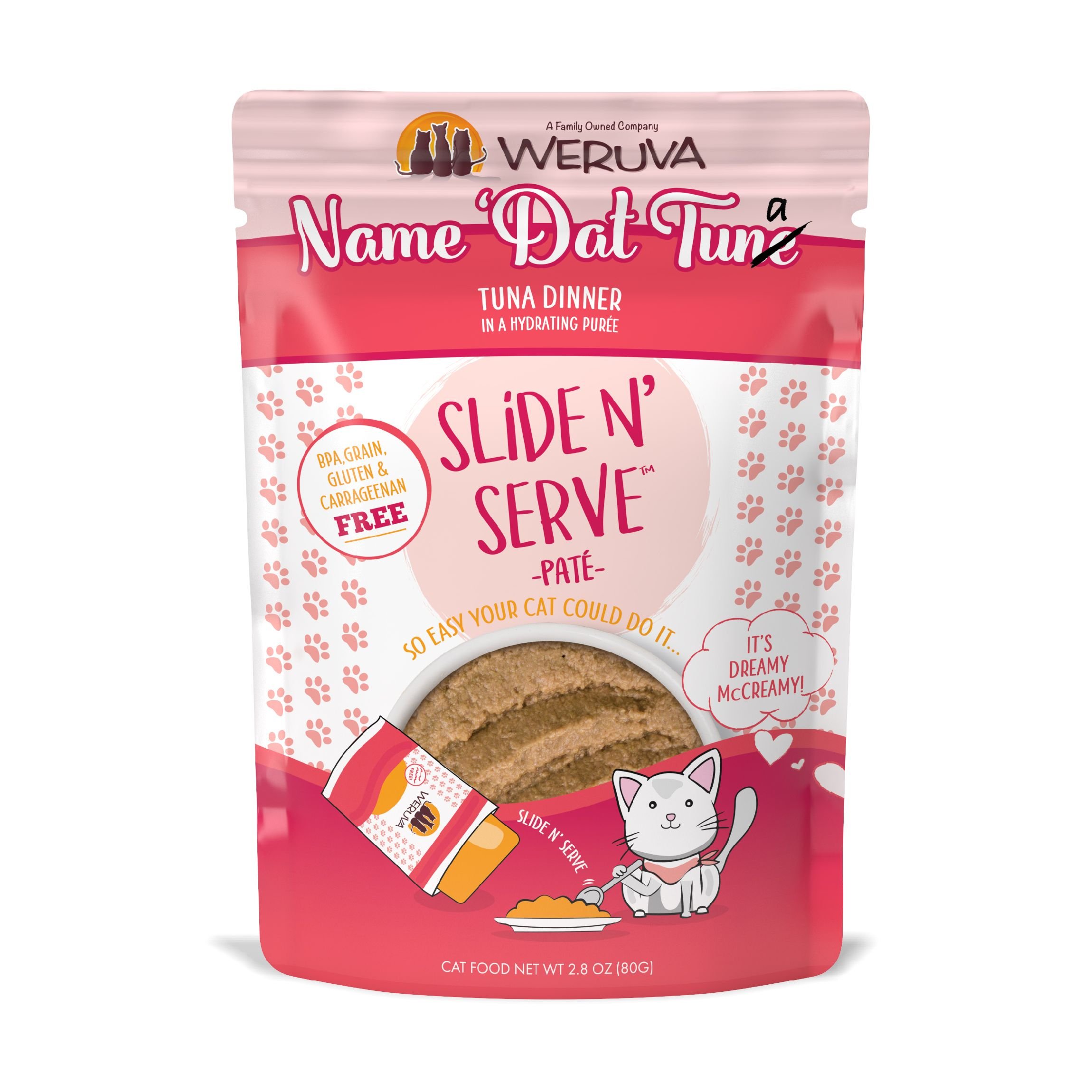 Weruva Slide N' Serve Name 'Dat Tuna Tuna Dinner Pate Grain-Free Cat Food Pouches, 2.8-oz pouch, case of 12
