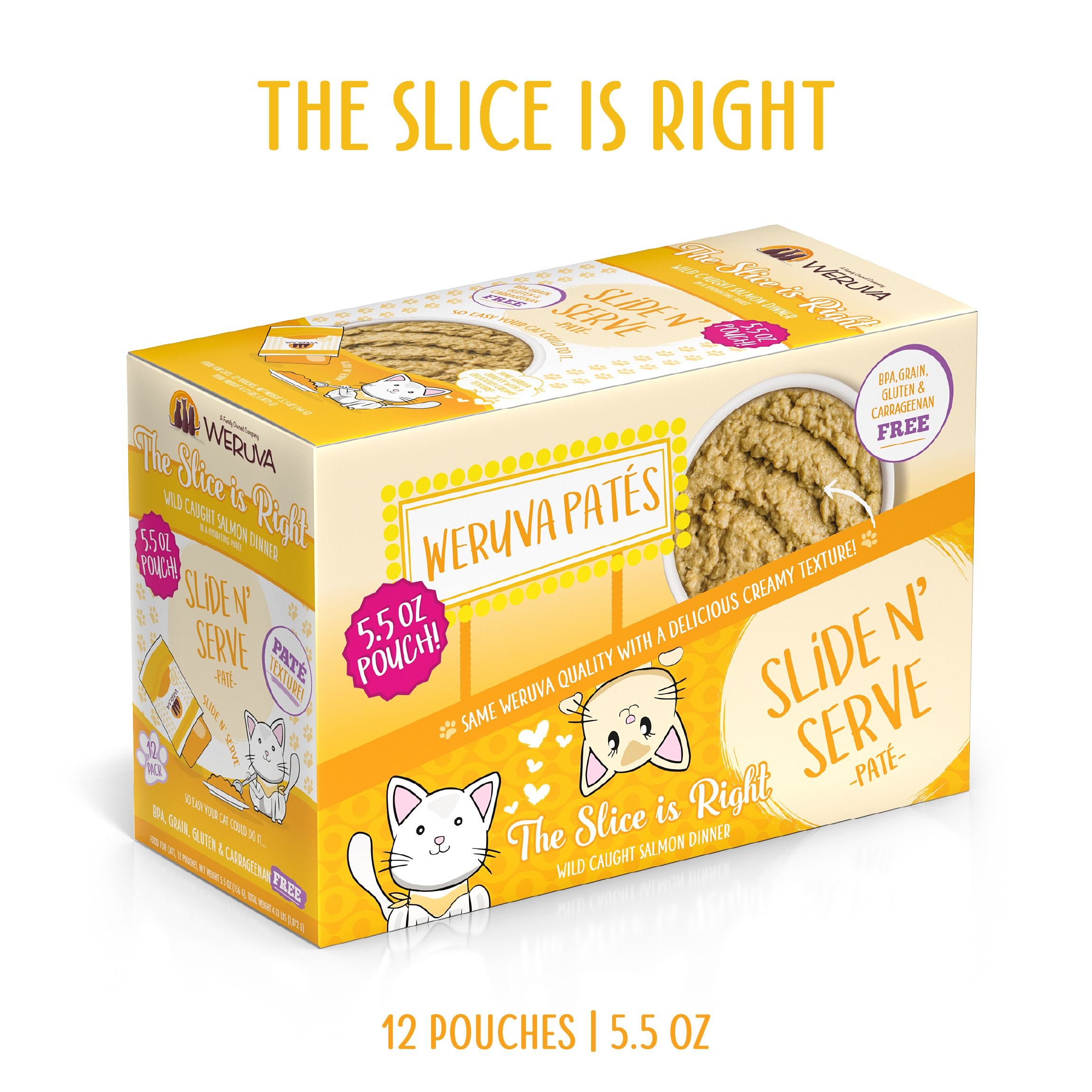 Weruva Slide N' Serve The Slice is Right Wild Caught Salmon Dinner Pate Grain-Free Cat Food Pouches, 5.5-oz pouch, case of 12