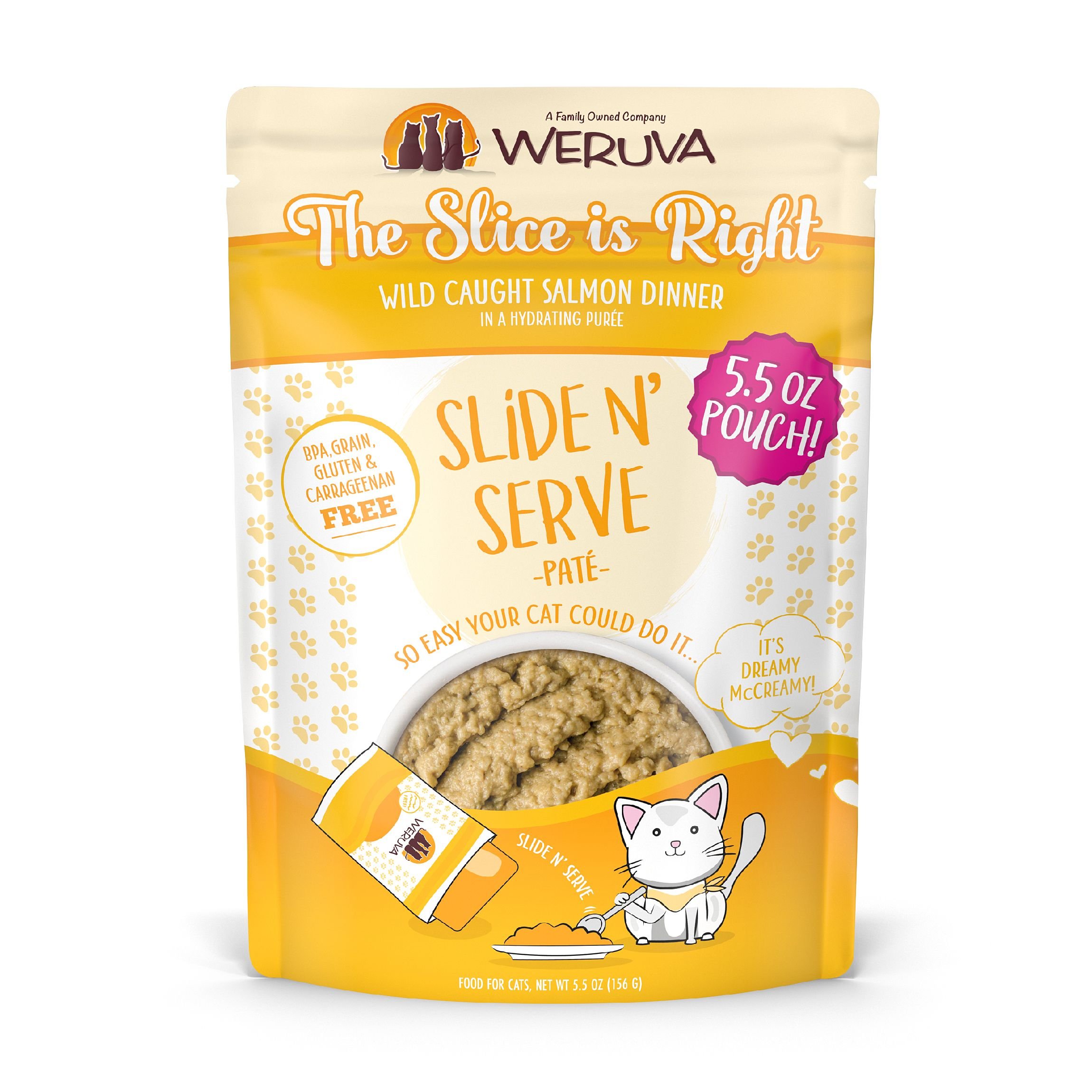 Weruva Slide N' Serve The Slice is Right Wild Caught Salmon Dinner Pate Grain-Free Cat Food Pouches, 5.5-oz pouch, case of 12