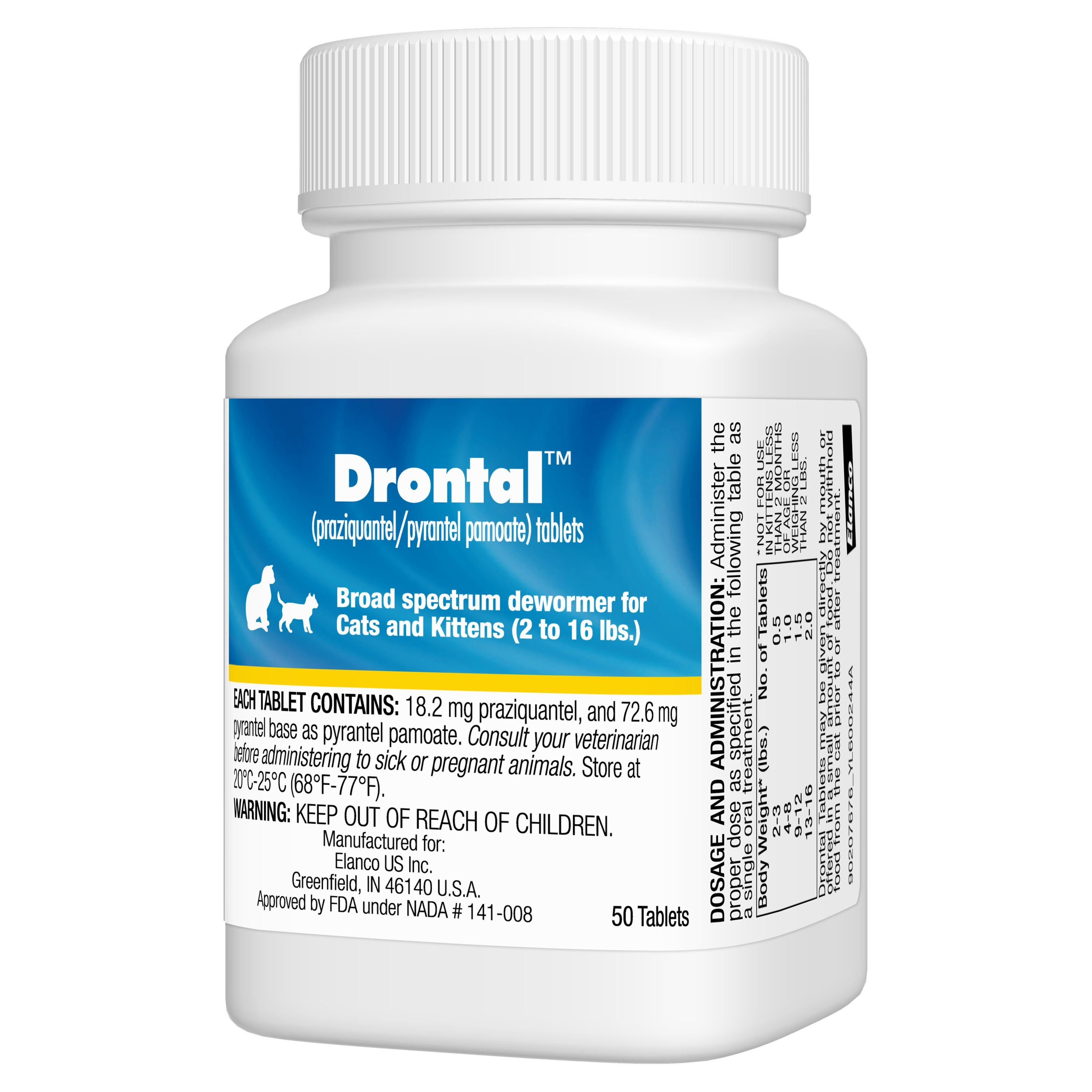 Drontal Dewormer for Tapeworms, Roundworms, Hookworms for Cats, 50 tablets