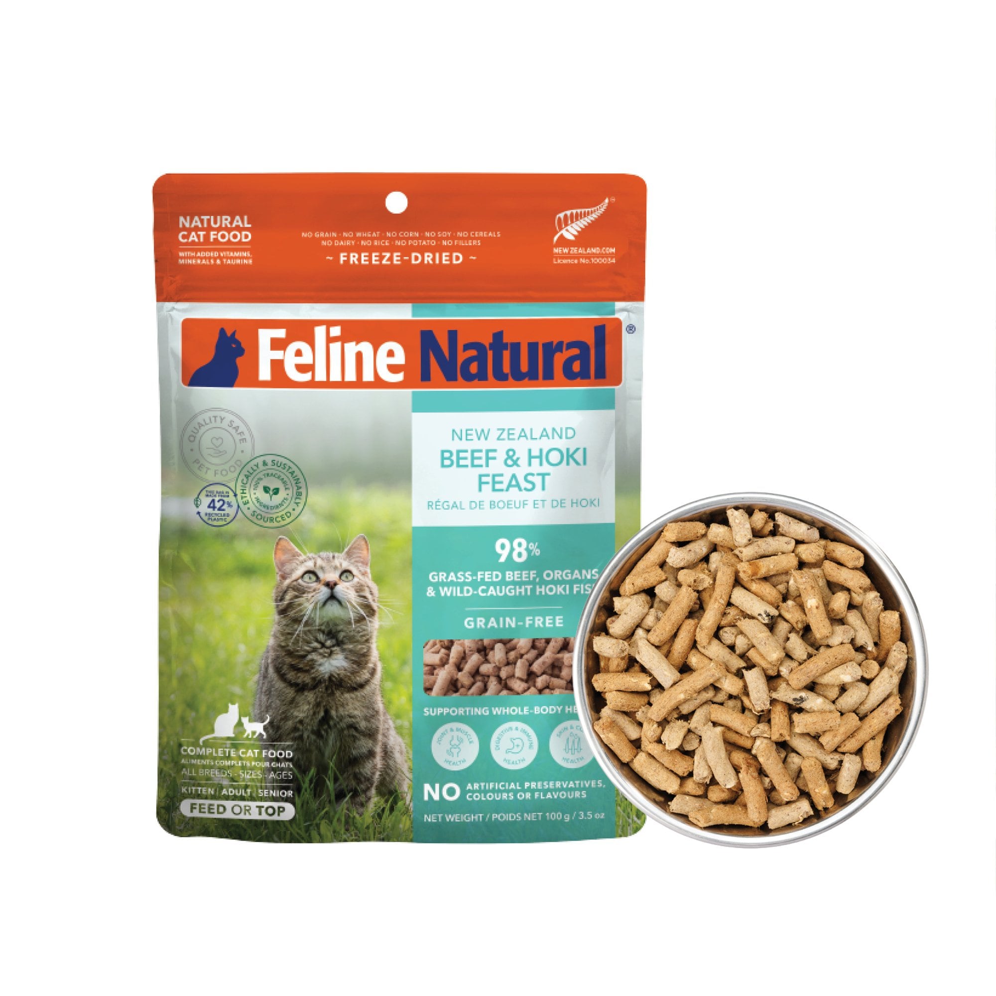 Feline Natural New Zealand Beef & Hoki Feast Grain-Free Freeze-Dried Cat Food, 3.5-oz bag