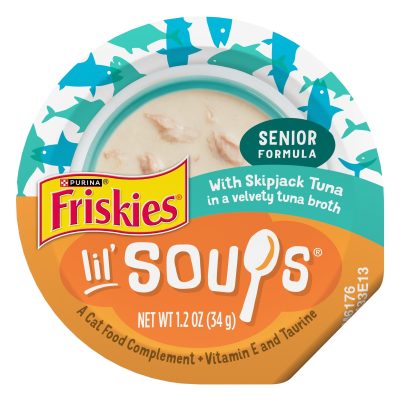Friskies Lil' Soups with Skipjack Tuna in a Velvety Tuna Broth Senior Formula Lickable Cat Food Topper, 1.2-oz tub, case of 8