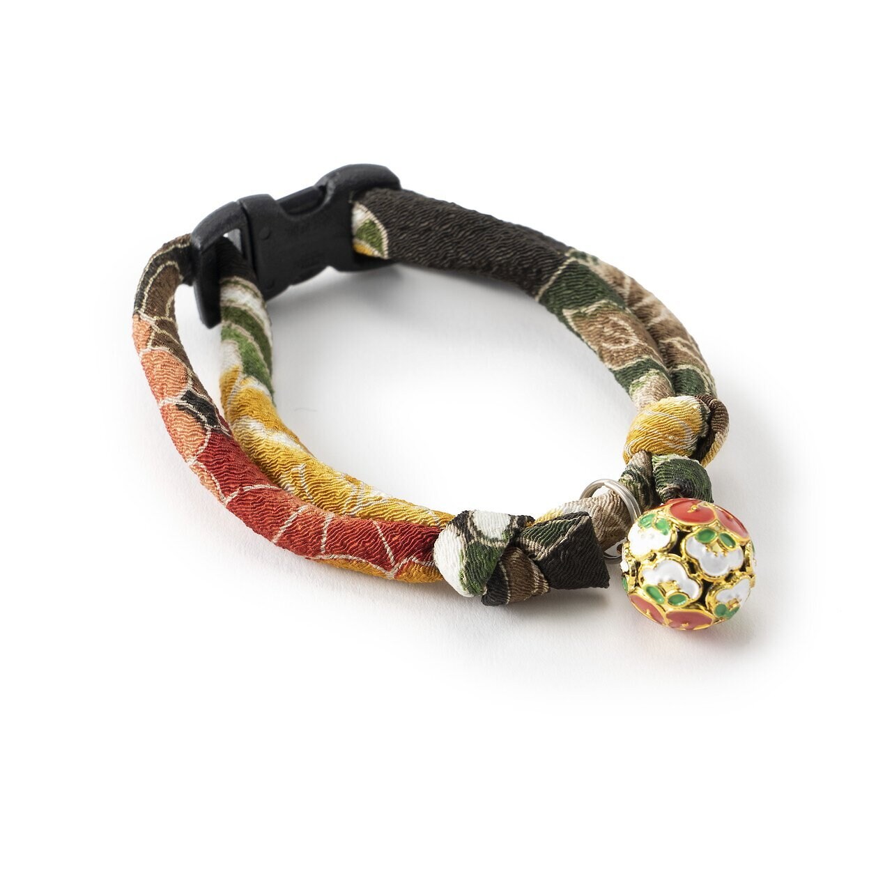 Necoichi Chirimen Plum Blossom Breakaway Cat Collar with Bell, Green, 8.2 to 13.7-in neck, 2/5-in wide