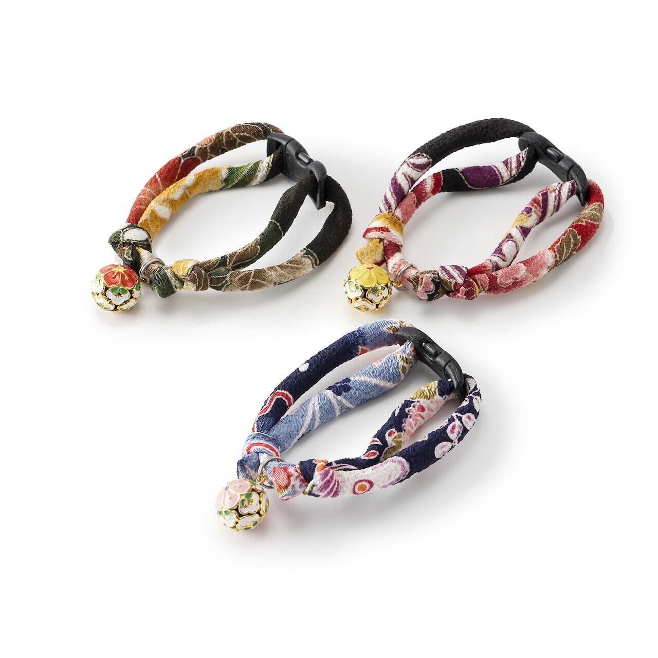 Necoichi Chirimen Plum Blossom Breakaway Cat Collar with Bell, Green, 8.2 to 13.7-in neck, 2/5-in wide
