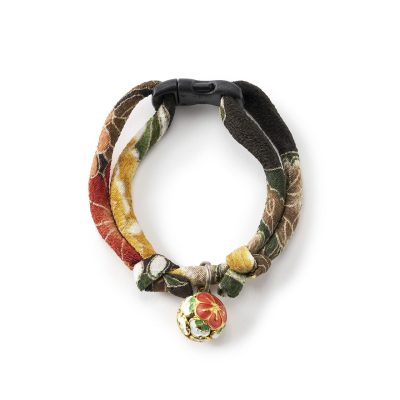 Necoichi Chirimen Plum Blossom Breakaway Cat Collar with Bell, Green, 8.2 to 13.7-in neck, 2/5-in wide