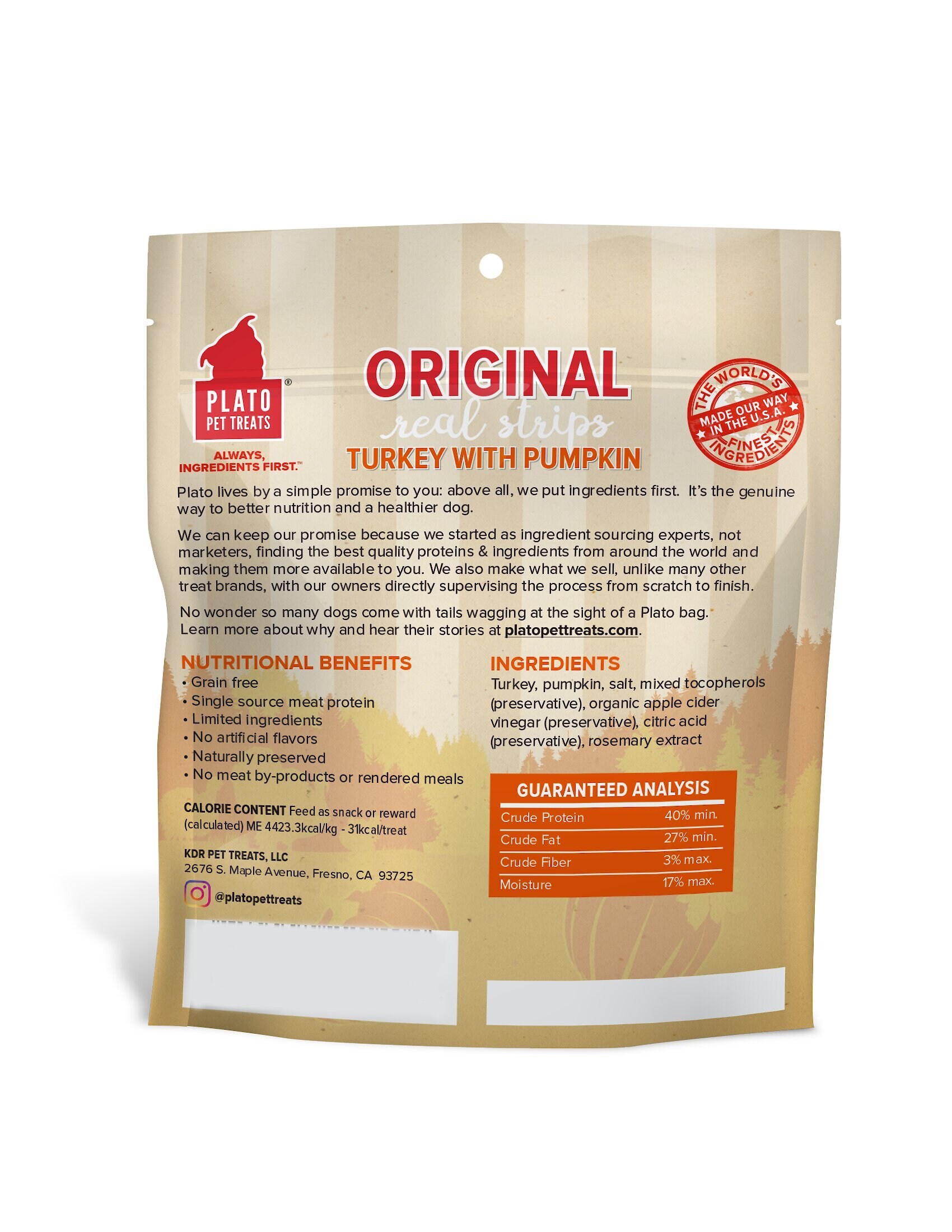 Plato Original Real Strips Turkey & Pumpkin Recipe Grain-Free Dog Treats, 3-oz bag