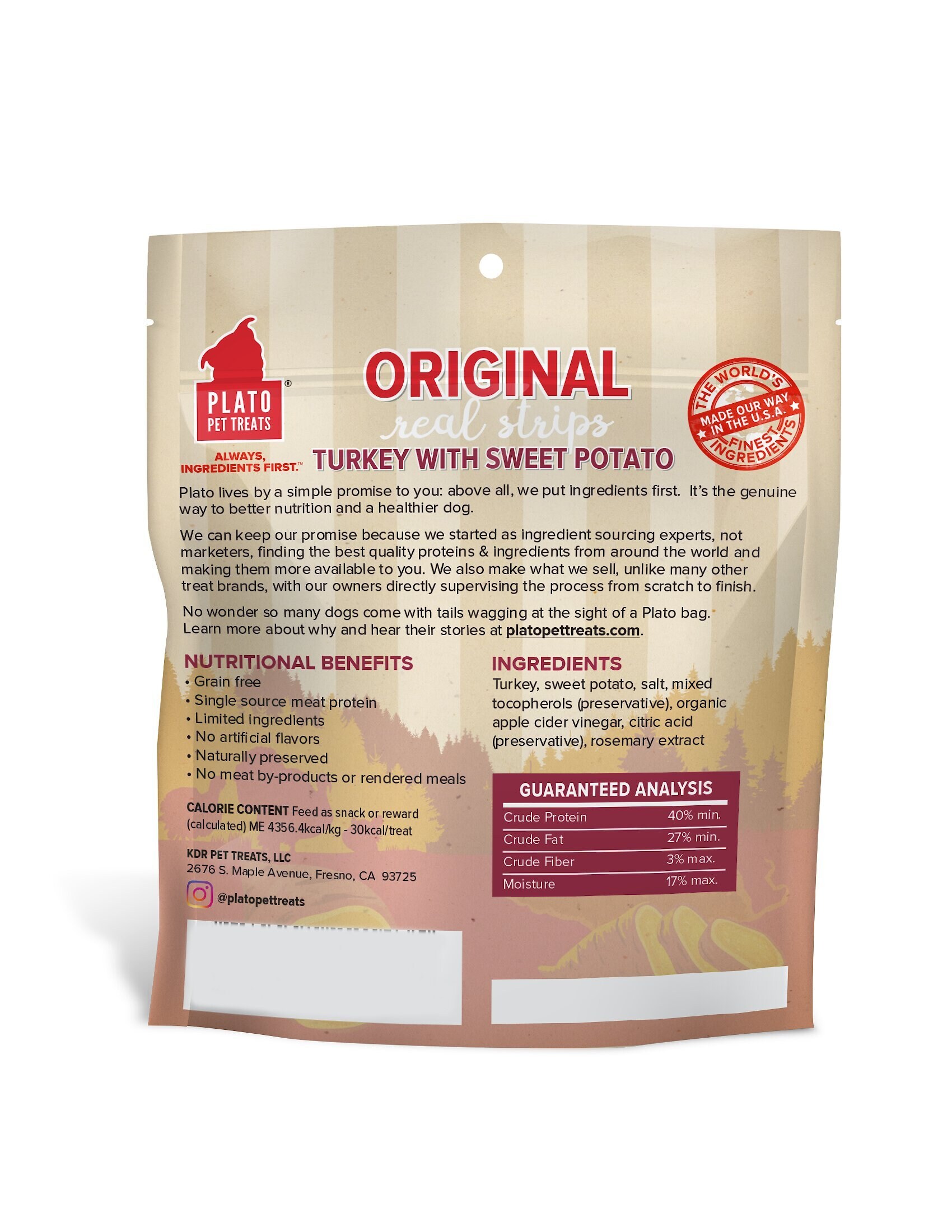 Plato Original Real Strips Turkey & Sweet Potato Recipe Grain-Free Dog Treats, 3-oz bag
