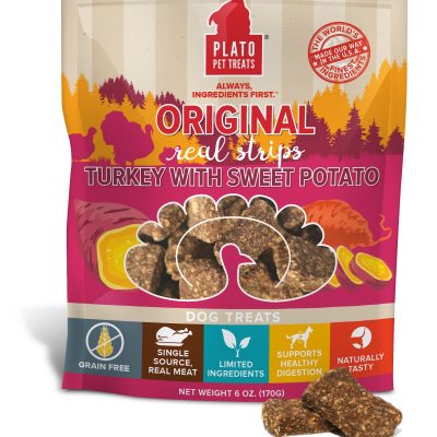Plato Original Real Strips Turkey & Sweet Potato Recipe Grain-Free Dog Treats, 3-oz bag