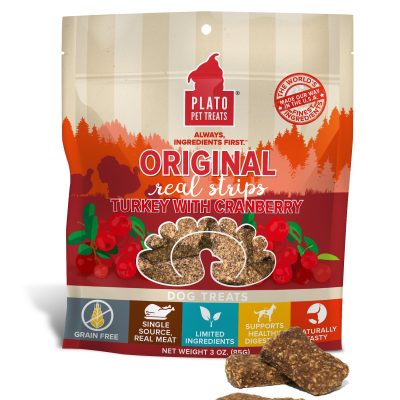 Plato Original Real Strips Turkey & Cranberry Recipe Grain-Free Dog Treats, 3-oz bag