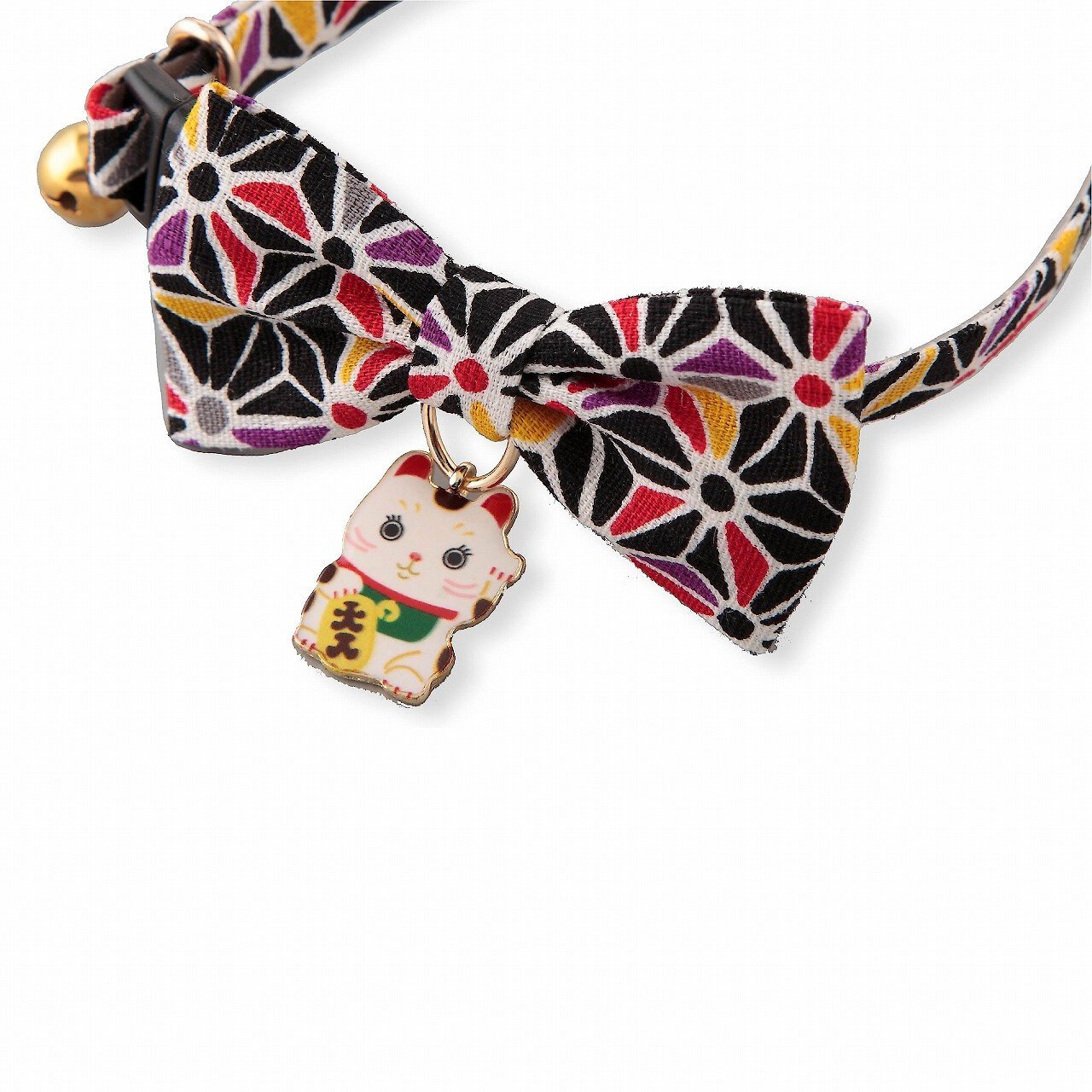 Necoichi Lucky Charm Bow Tie Cotton Breakaway Cat Collar with Bell, Black, 8.2 to 13.7-in neck, 2/5-in wide
