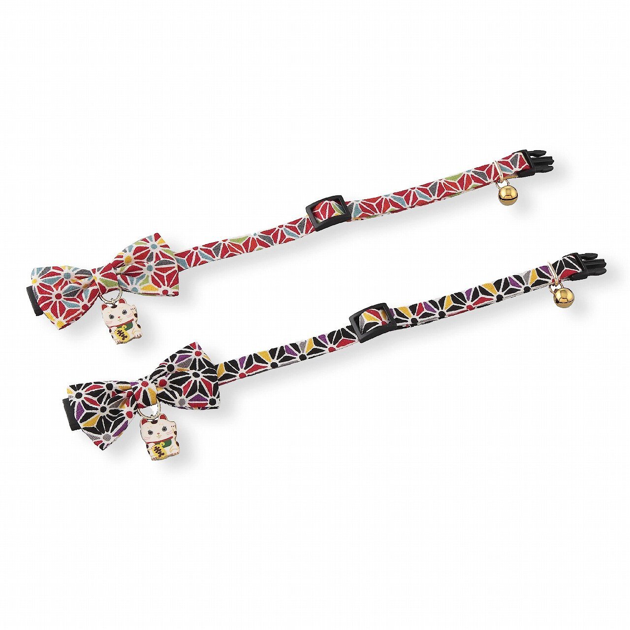 Necoichi Lucky Charm Bow Tie Cotton Breakaway Cat Collar with Bell, Black, 8.2 to 13.7-in neck, 2/5-in wide