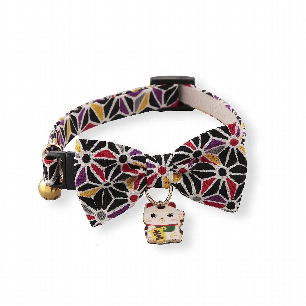 Necoichi Lucky Charm Bow Tie Cotton Breakaway Cat Collar with Bell, Black, 8.2 to 13.7-in neck, 2/5-in wide