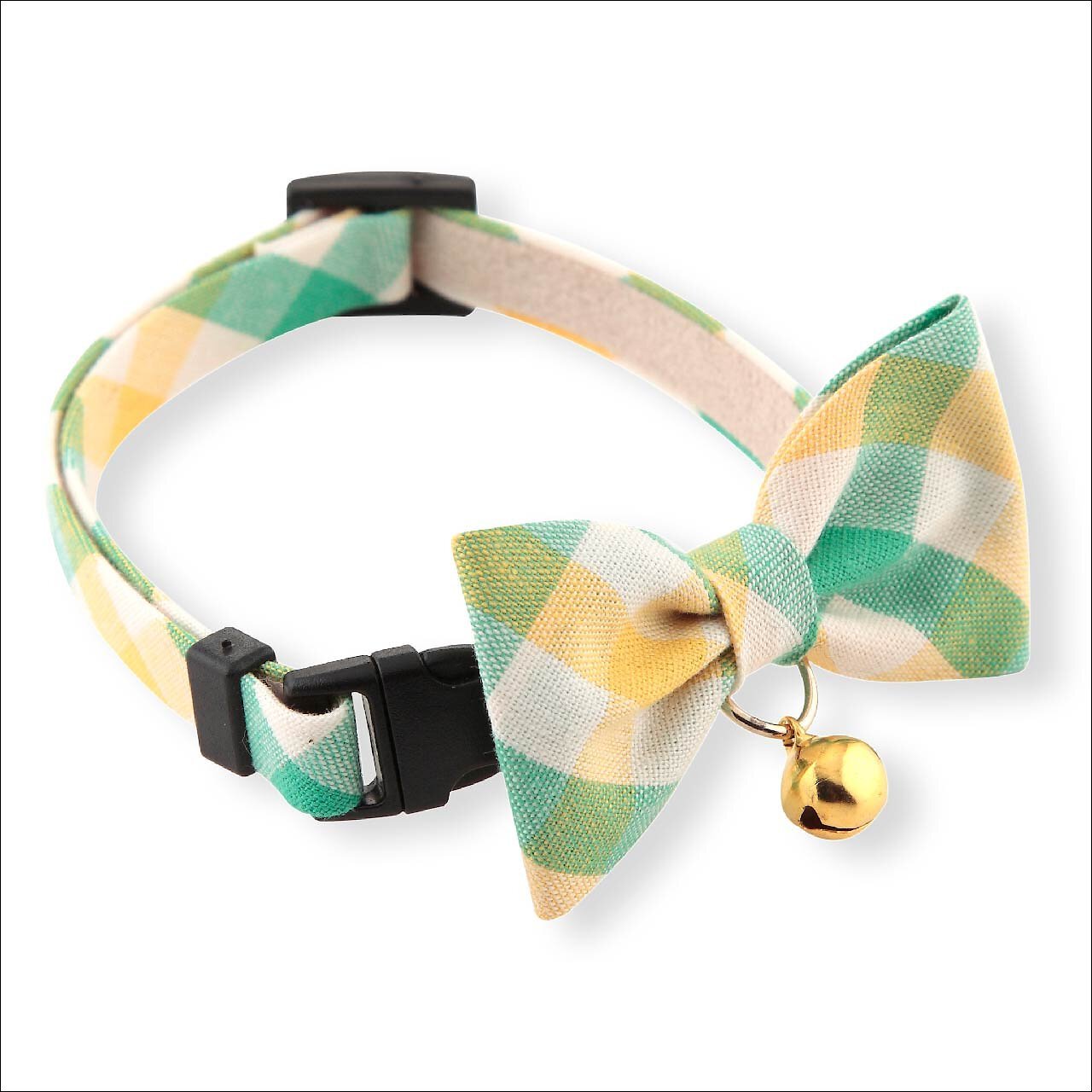 Necoichi Purrfect Picnic Bow Tie Cotton Breakaway Cat Collar with Bell, Yellow, One Size: 8.2 to 13.7-in neck, 1/2-in wide