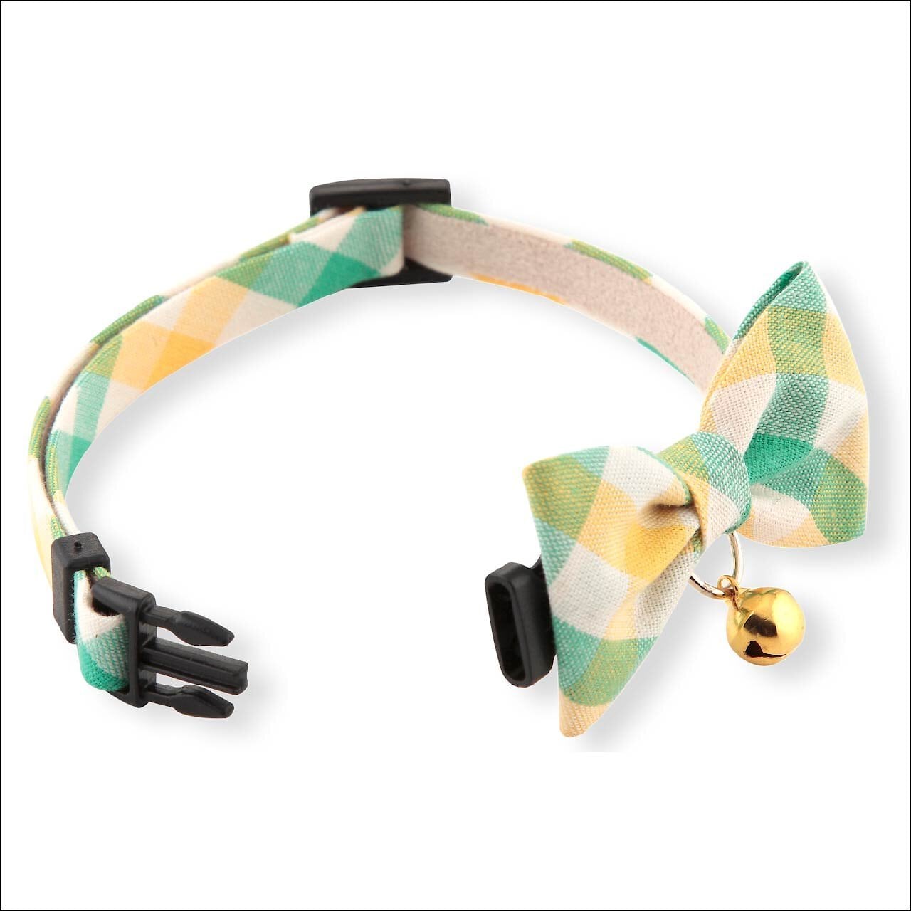 Necoichi Purrfect Picnic Bow Tie Cotton Breakaway Cat Collar with Bell, Yellow, One Size: 8.2 to 13.7-in neck, 1/2-in wide
