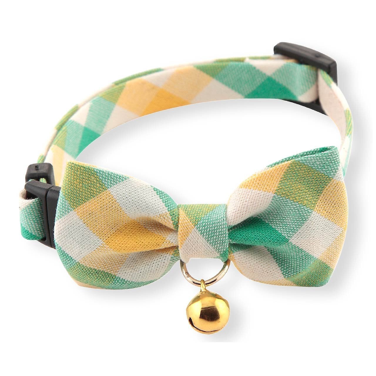 Necoichi Purrfect Picnic Bow Tie Cotton Breakaway Cat Collar with Bell, Yellow, One Size: 8.2 to 13.7-in neck, 1/2-in wide