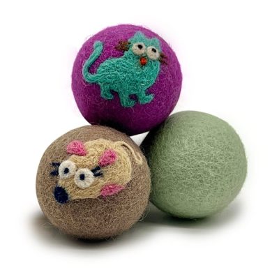Hustle & Blush Love Ewe "Cat & Mouse" Handmade Organic Wool Felt Dog & Cat Ball Toys, 3 count