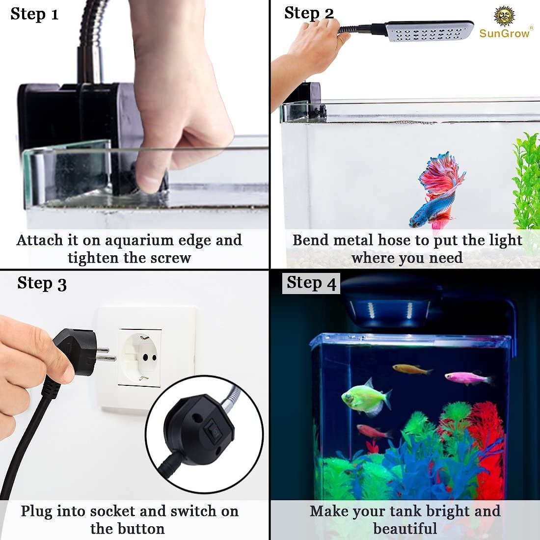 SunGrow Small Rimless Aquarium Betta Fish Tank Clip On Light with Blue & White LED, Up to 10-gal