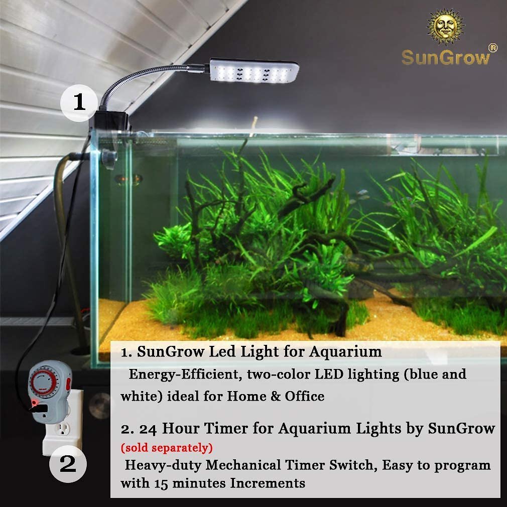 SunGrow Small Rimless Aquarium Betta Fish Tank Clip On Light with Blue & White LED, Up to 10-gal