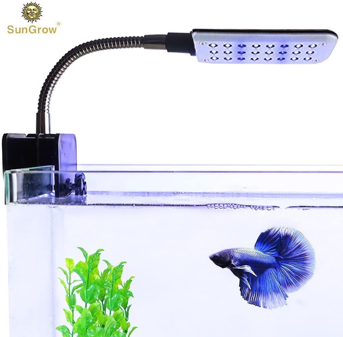SunGrow Small Rimless Aquarium Betta Fish Tank Clip On Light with Blue & White LED, Up to 10-gal