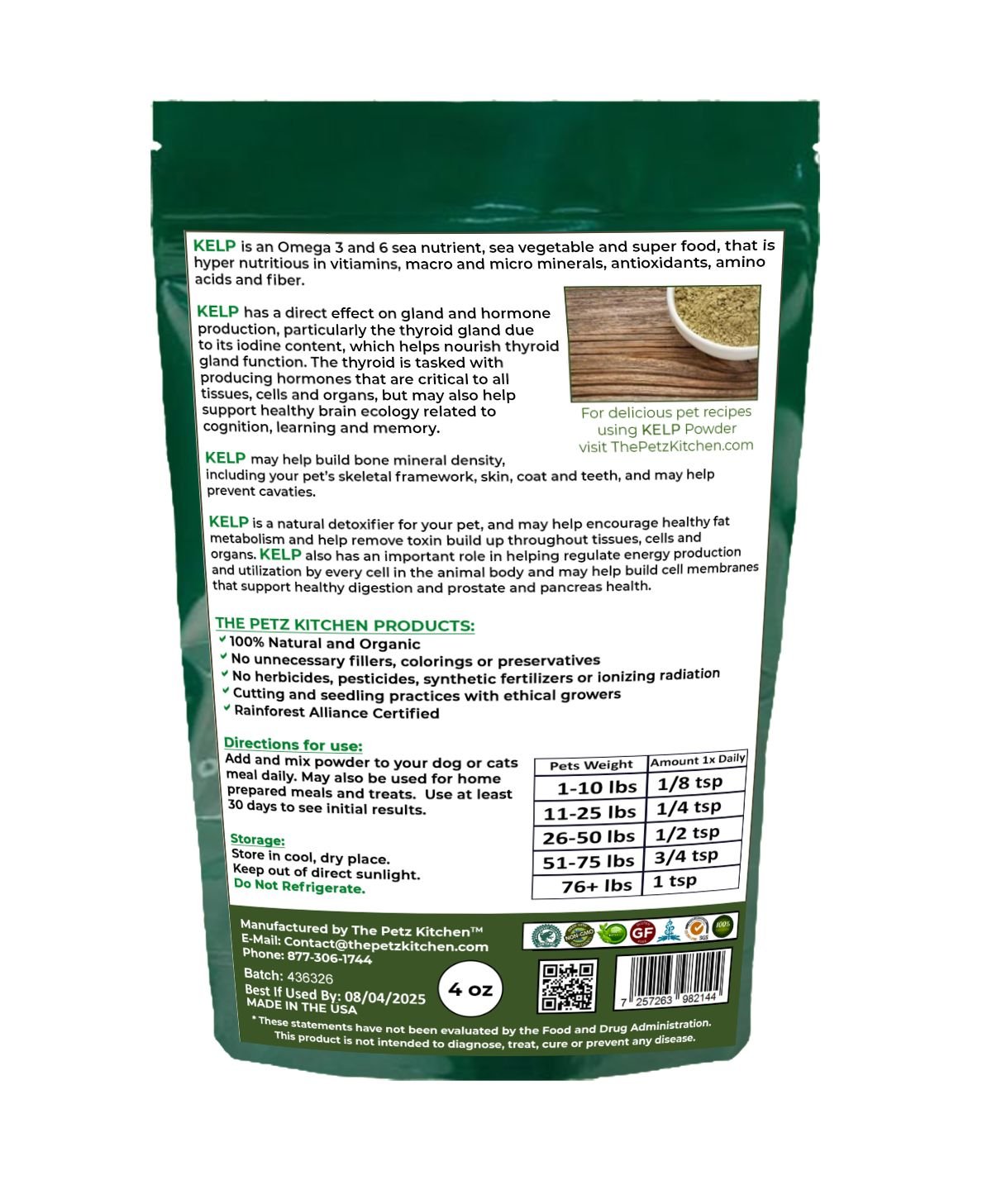 The Petz Kitchen Kelp Omega 3 Thyroid & Whole Body Multi-Mineral, Multi-Vitamin & Dental Support Dog & Cat Supplement, 4-oz jar