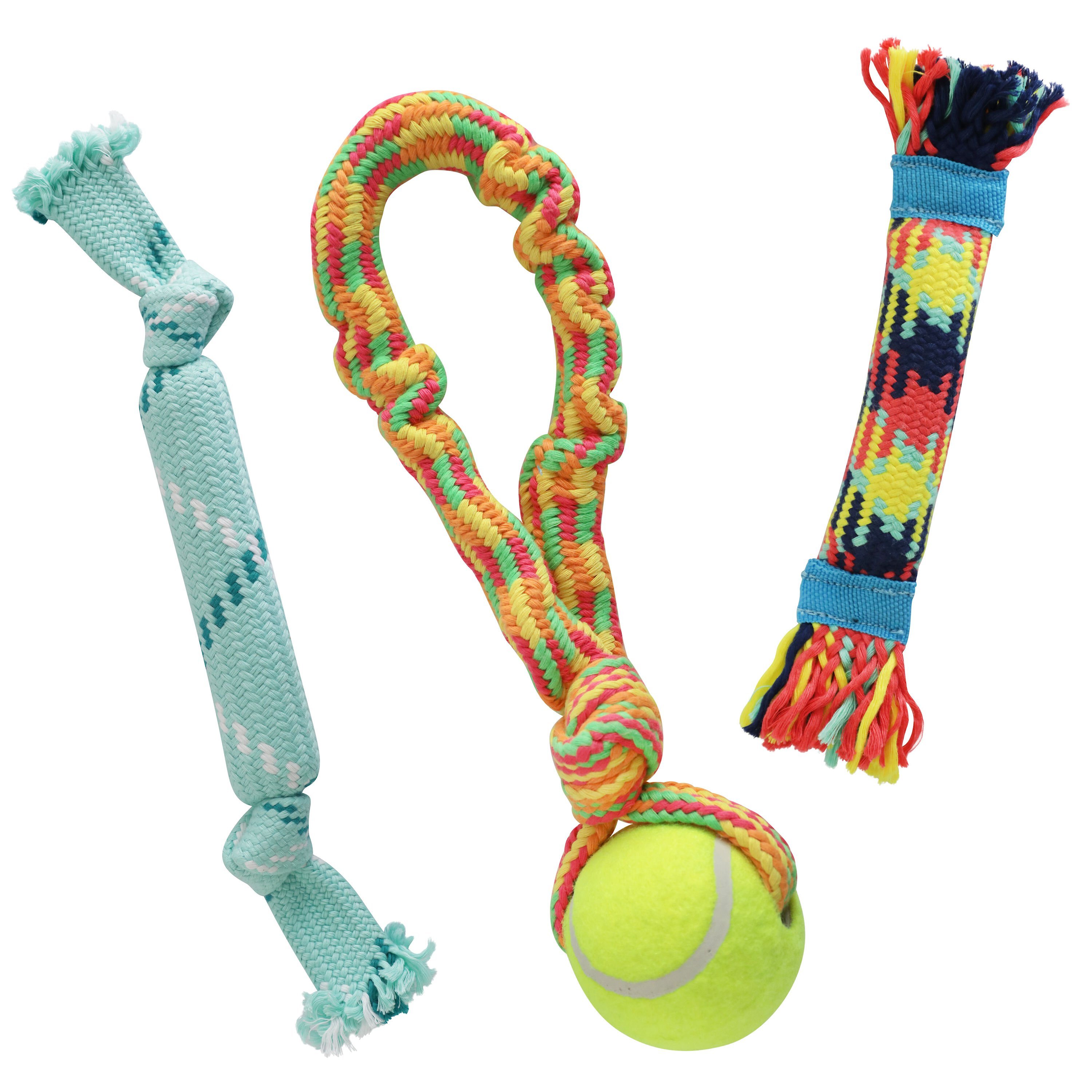 Rocket & Rex Not just Your Plain Old Rope Dog Tennis Tug Toy Set, 3 count