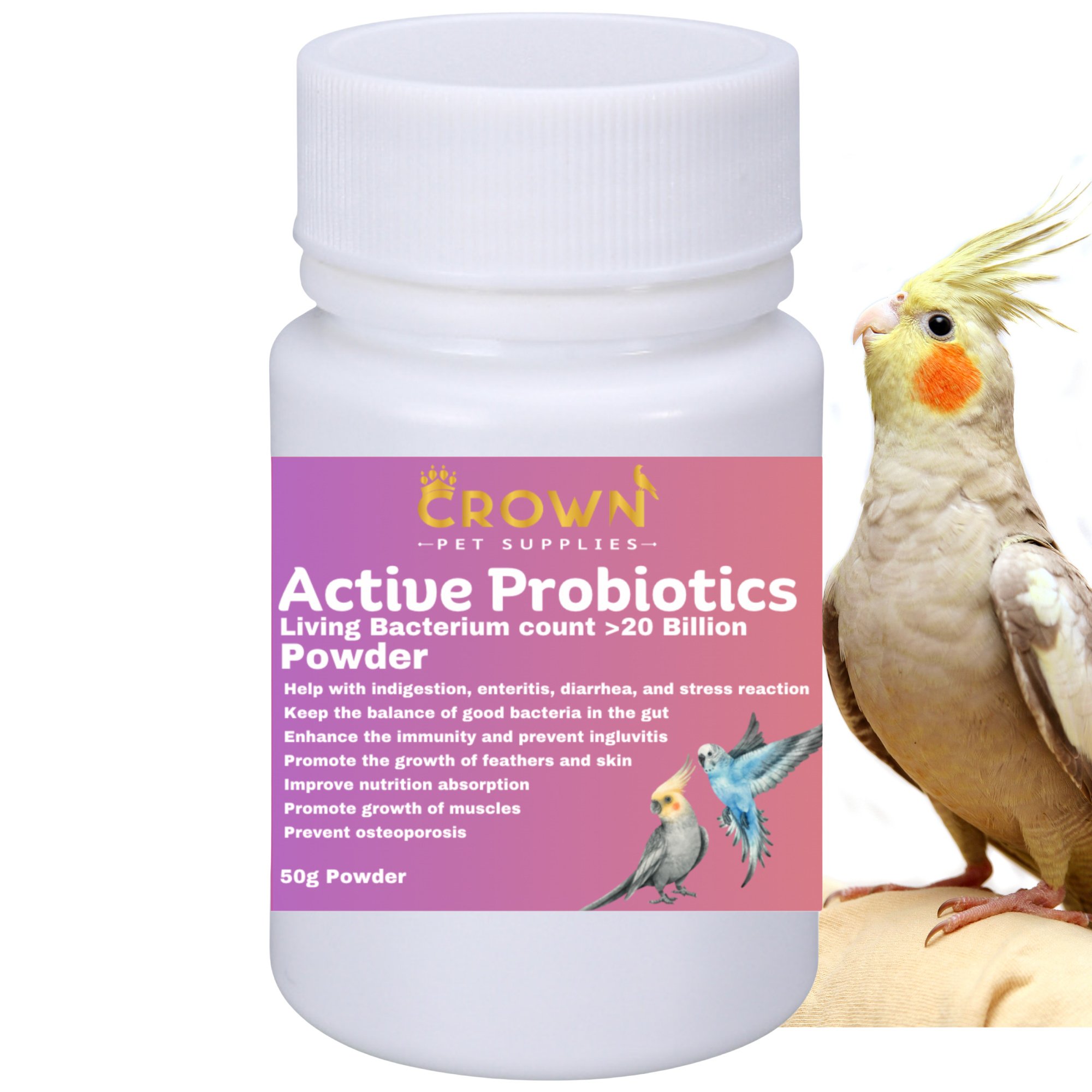 Crown Pet Supplies Probiotics Over 20 Billions Beneficial Bacteria Powder Bird Supplement, 1.76-oz bag