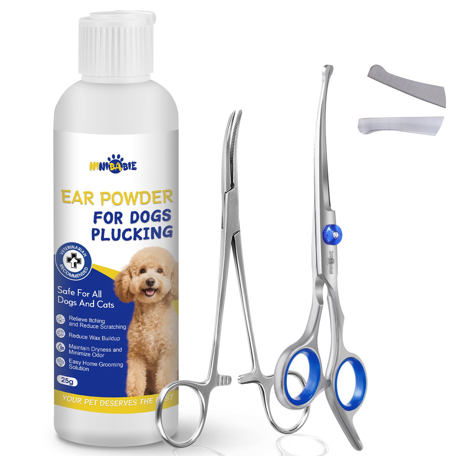 Ninibabie Ear Hair Powder, 5.5-in Tweezers & Blunt Tip Grooming Scissors Dog Ear Cleaner Kit, 25-g bottle