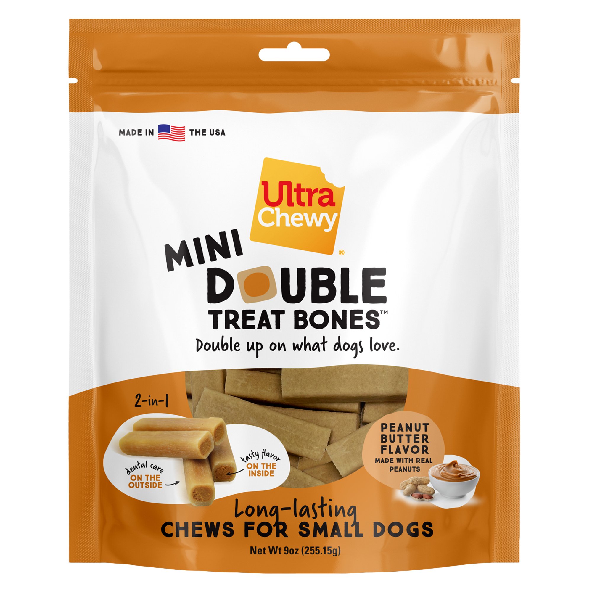 Ultra Chewy Mini Double Treat Bone Peanut Butter Adult Dental Dog Treats, 9-oz bag, 3 count