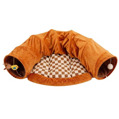 Potaroma Interactive Foldable Washable Cat Tunnel Bed Toy with Cushion, Brown