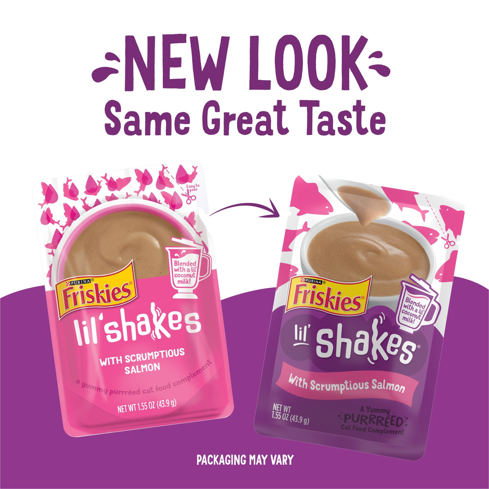 Friskies Pureed Topper Lil Shakes with Scrumptious Salmon Cat Food, 1.55-oz pouch, case of 16