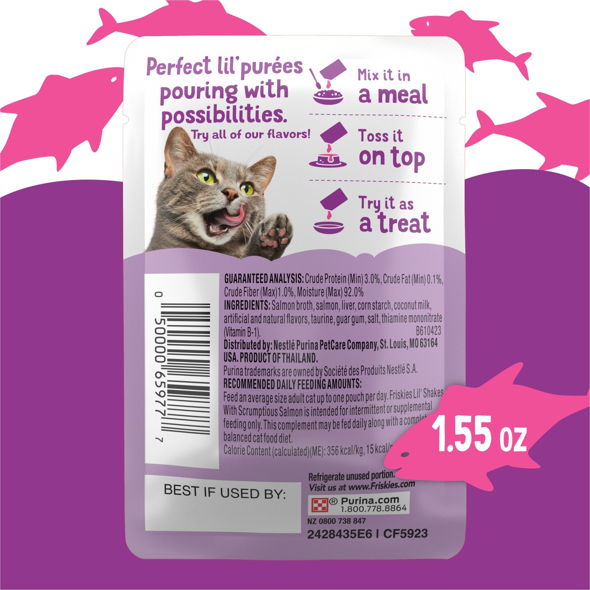 Friskies Pureed Topper Lil Shakes with Scrumptious Salmon Cat Food, 1.55-oz pouch, case of 16