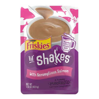 Friskies Pureed Topper Lil Shakes with Scrumptious Salmon Cat Food, 1.55-oz pouch, case of 16