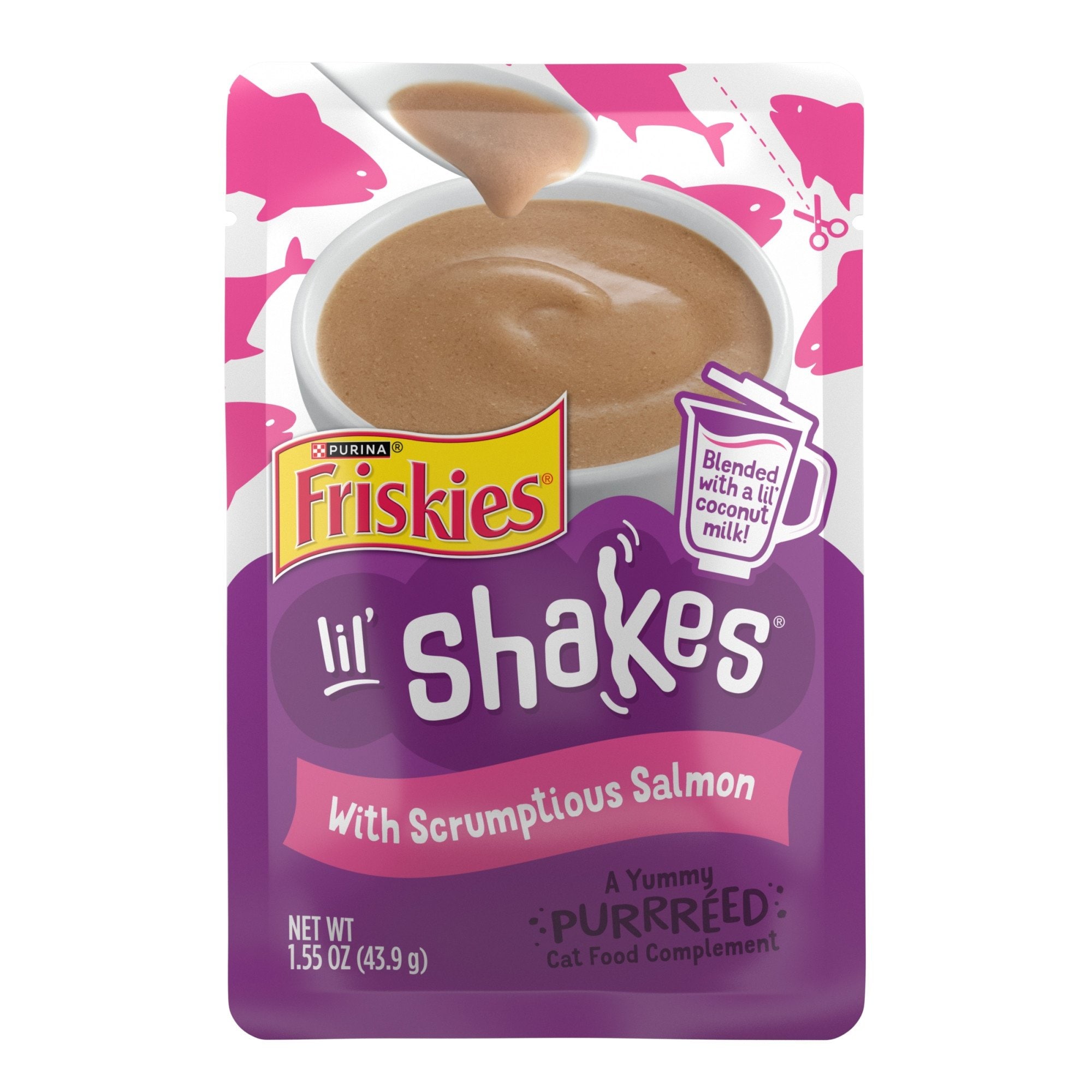Friskies Pureed Topper Lil Shakes with Scrumptious Salmon Cat Food, 1.55-oz pouch, case of 16